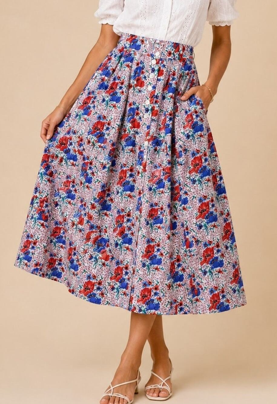 Vintage Bogner Floral A-Line Midi Skirt Pockets Size 10 Teacher Cottage Prairie